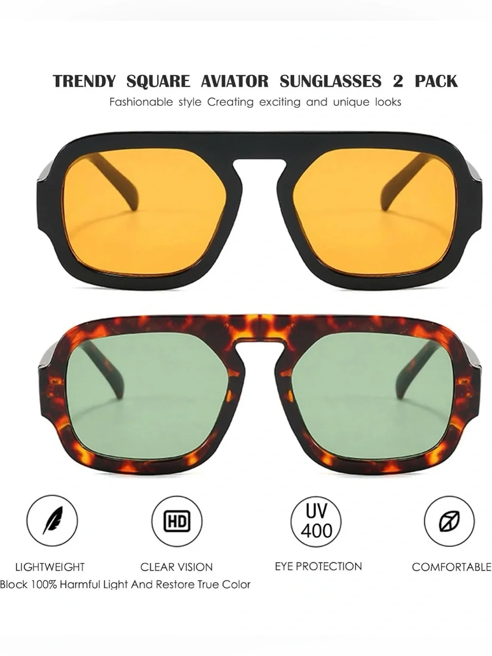 2 Pack — Trendy Square Aviator Sunglasses